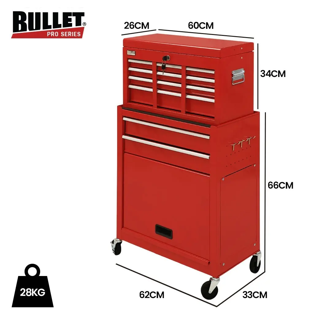 BULLET 8 Drawer Tool Box Cabinet Chest Storage, Toolbox Garage Organiser Set, Red