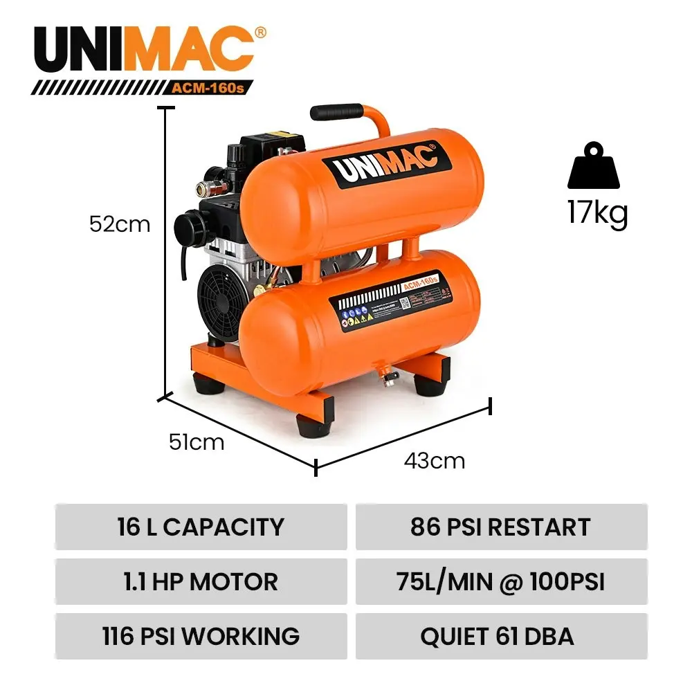 Unimac 16L Twin Tank Air Compressor, 116PSI Portable Silent Oil-Free Electric, for Airtools Tyre Inflation