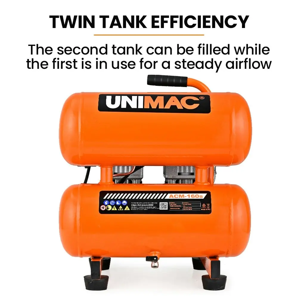 Unimac 16L Twin Tank Air Compressor, 116PSI Portable Silent Oil-Free Electric, for Airtools Tyre Inflation