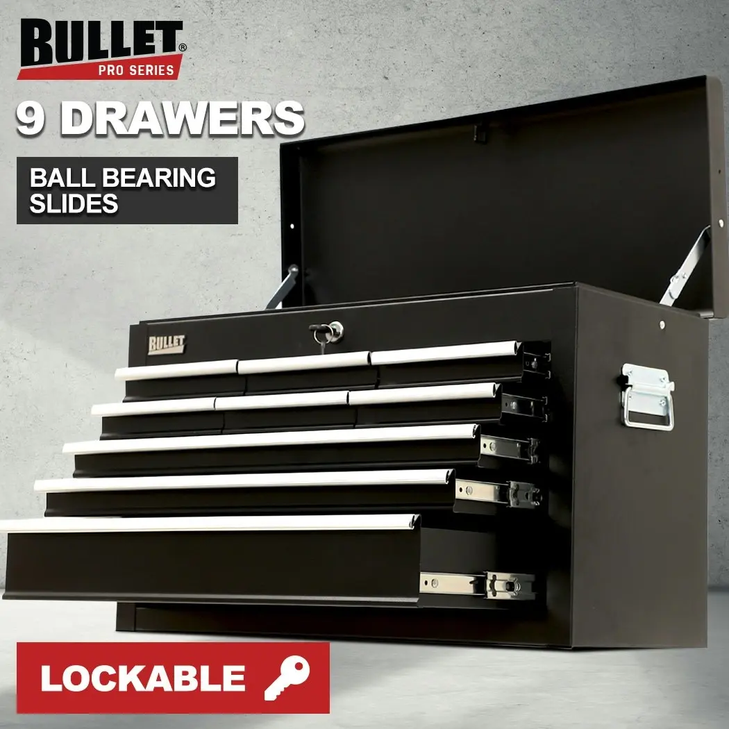 Bullet 9 Drawer Tool Box Chest, Organiser Mechanic Garage Storage Toolbox Set - Black