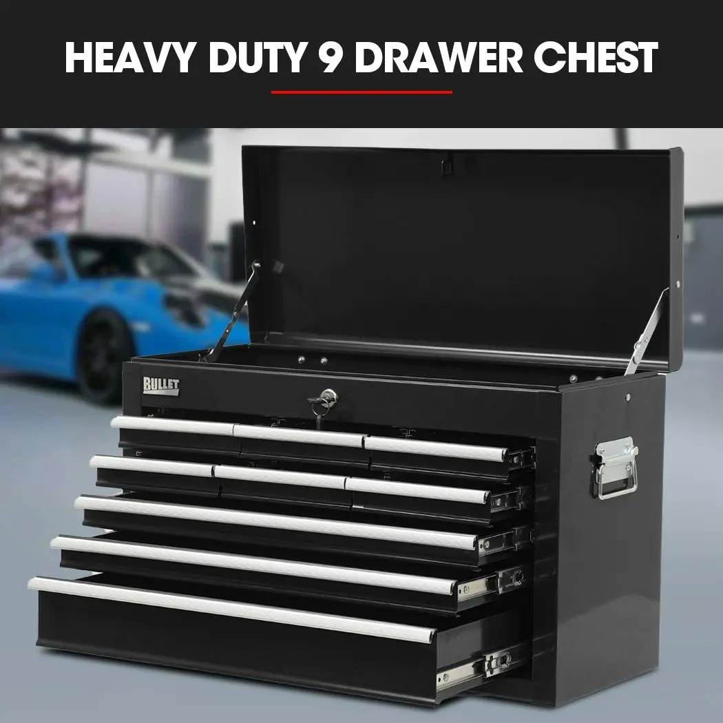 Bullet 9 Drawer Tool Box Chest, Organiser Mechanic Garage Storage Toolbox Set - Black