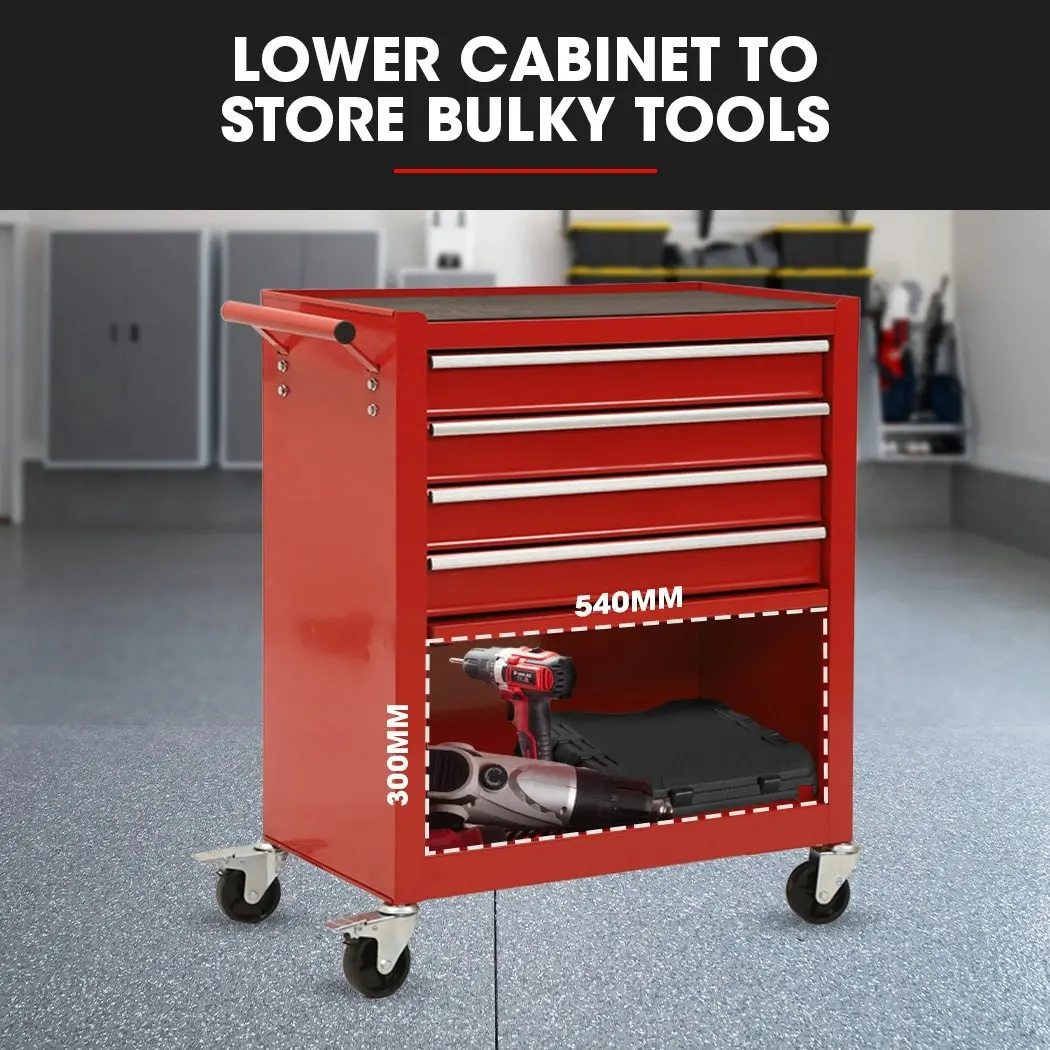 BULLET 4 Drawer Tool Box Cabinet Trolley Storage, 1-Door Toolbox Garage Organiser Set, Red