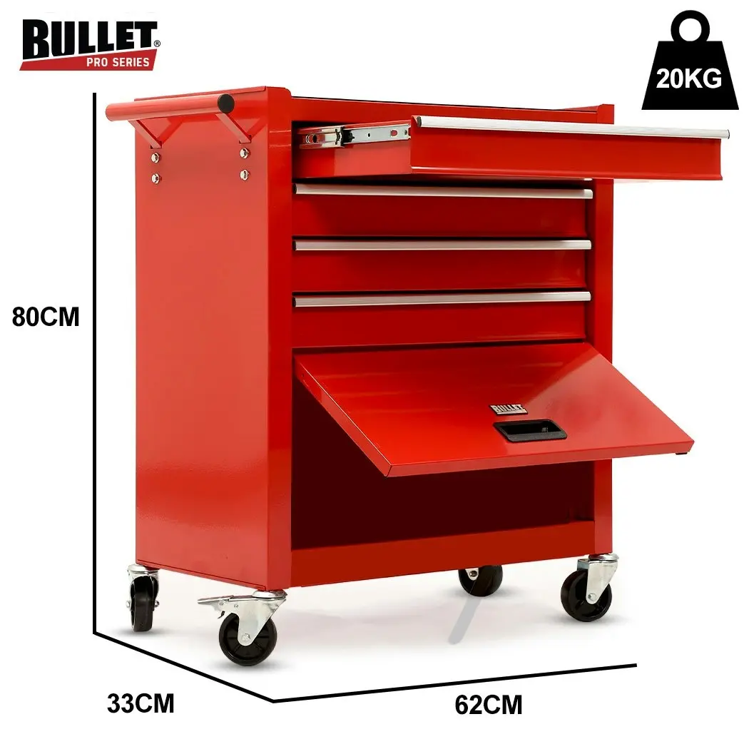 BULLET 4 Drawer Tool Box Cabinet Trolley Storage, 1-Door Toolbox Garage Organiser Set, Red