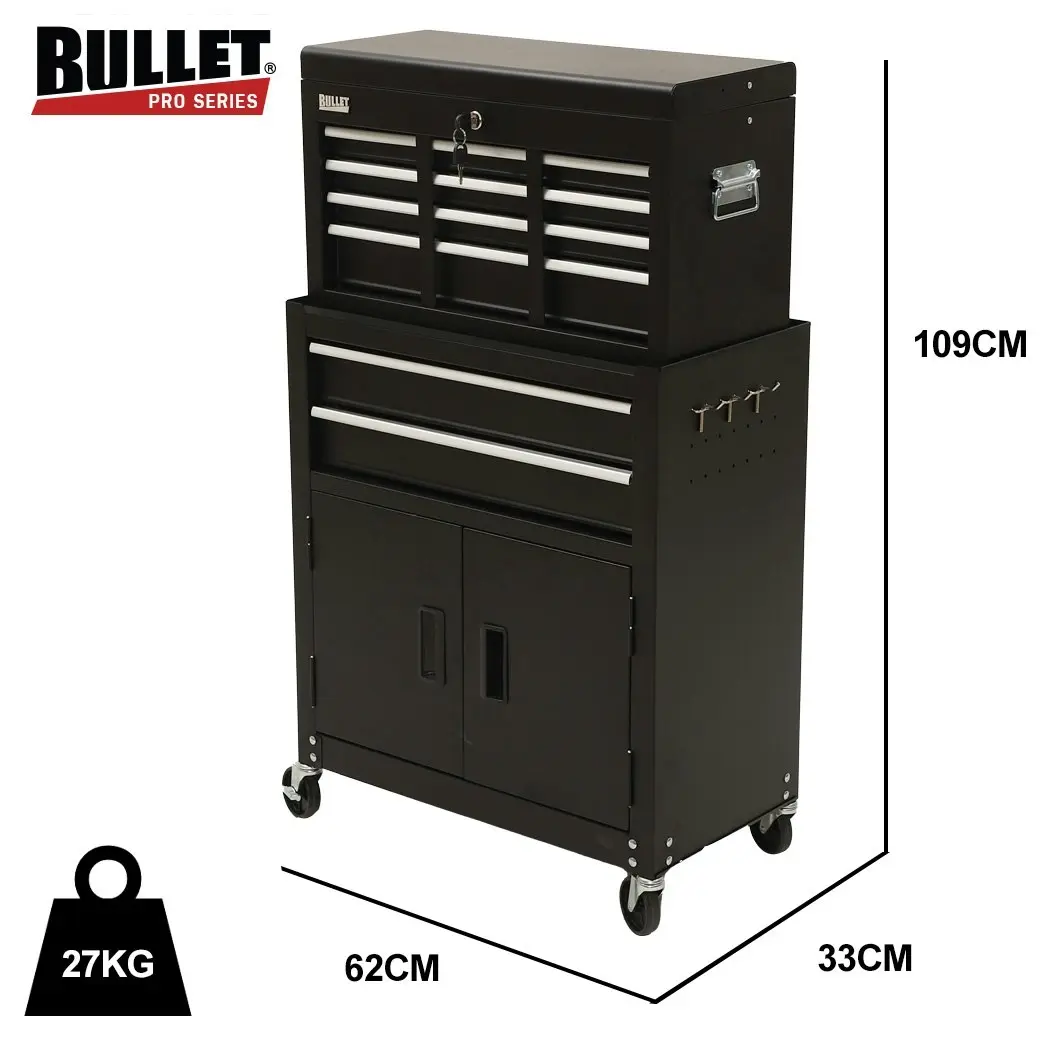 BULLET 8 Drawer Tool Box Chest Cabinet Storage, with 2-Door Toolbox Garage Organiser Set, Black