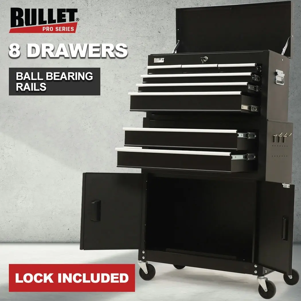 BULLET 8 Drawer Tool Box Chest Cabinet Storage, with 2-Door Toolbox Garage Organiser Set, Black