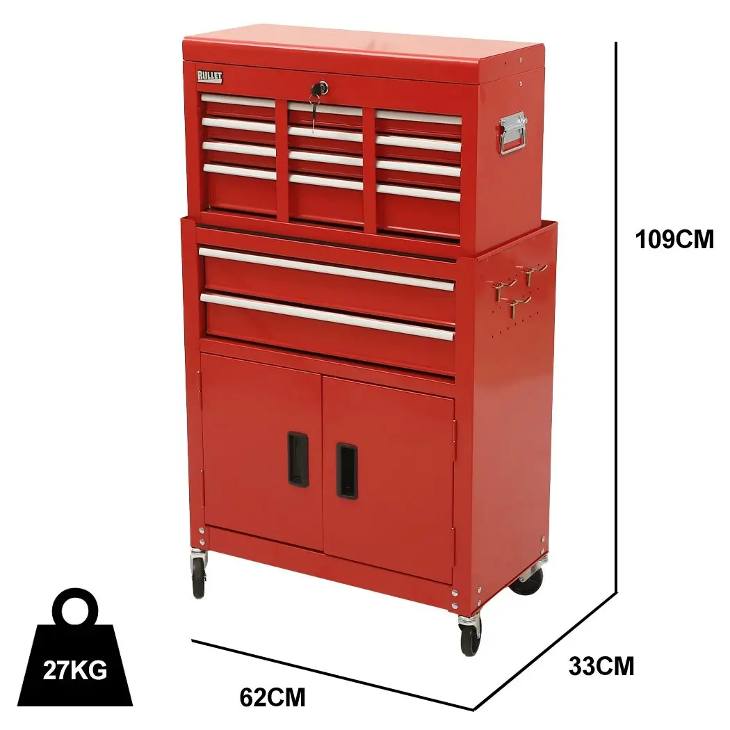 Bullet 8 Drawer Tool Box Chest Cabinet Storage, with 2-Door Toolbox Garage Organiser Set, Red