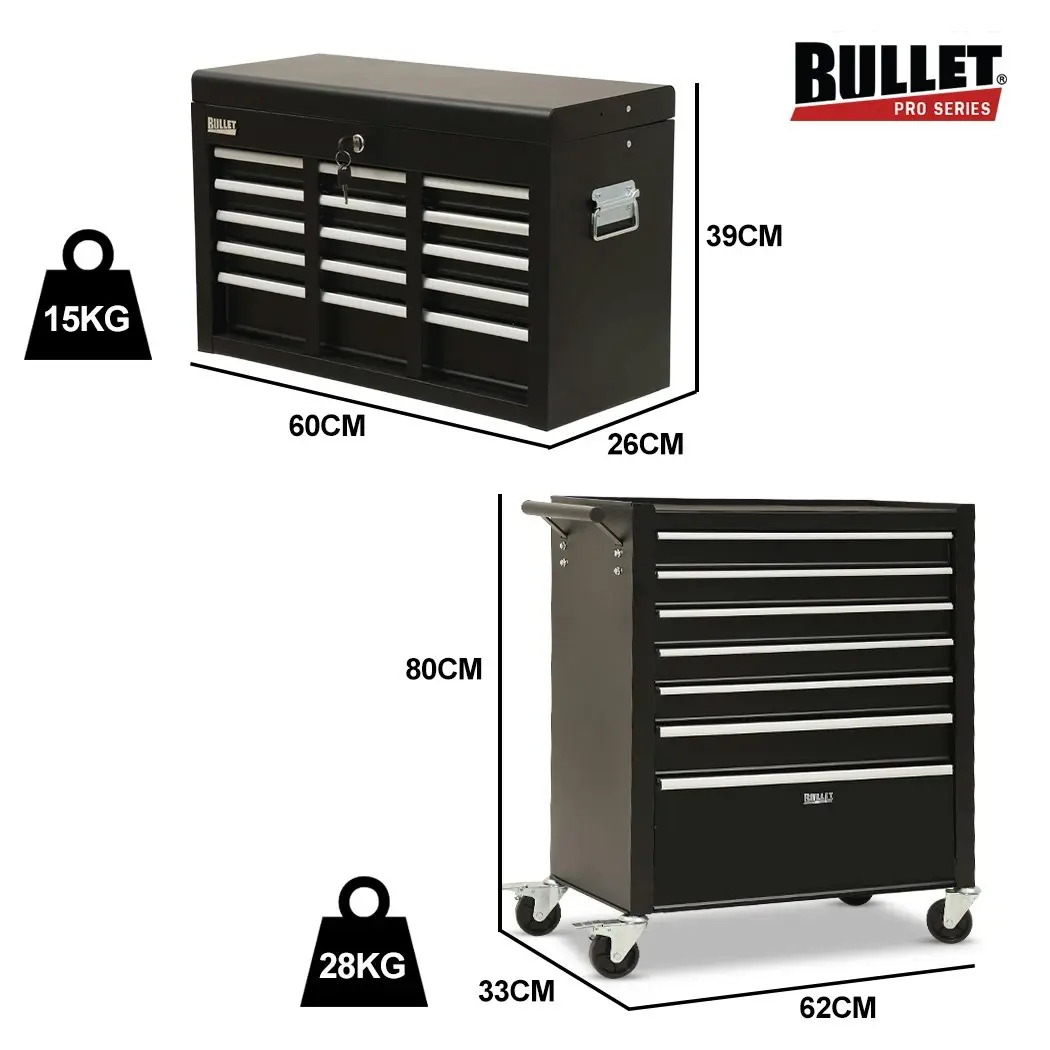 BULLET 16 Drawer Tool Box Cabinet Chest Storage, Toolbox Garage Organiser Set, Black