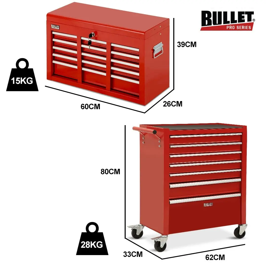 Bullet 16 Drawer Tool Box Cabinet Chest Storage, Toolbox Garage Organiser Set, Red