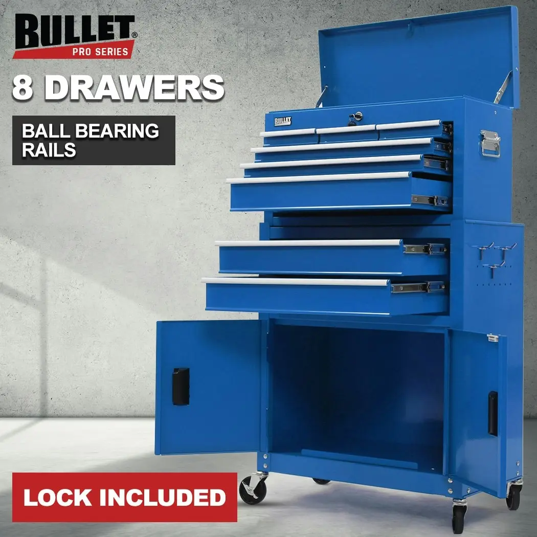 Bullet 8 Drawer Tool Box Chest Cabinet Storage, with 2-Door Toolbox Garage Organiser Set, Blue