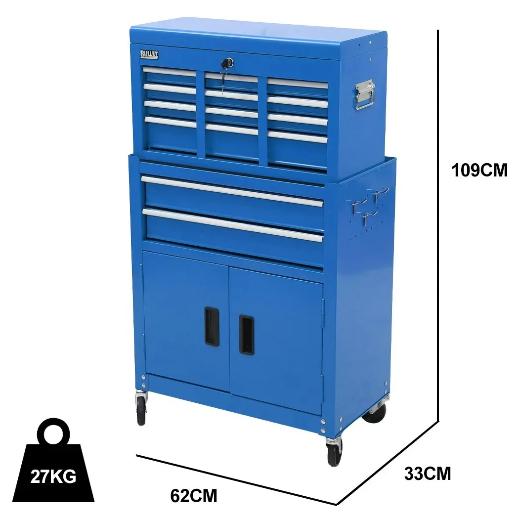 Bullet 8 Drawer Tool Box Chest Cabinet Storage, with 2-Door Toolbox Garage Organiser Set, Blue