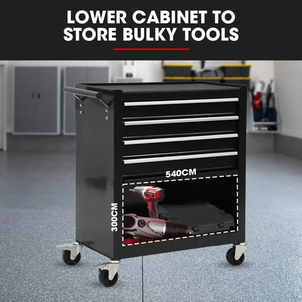 Bullet 4 Drawer Tool Box Cabinet Trolley Storage, with 1-Door Toolbox Garage Organiser Set, Black