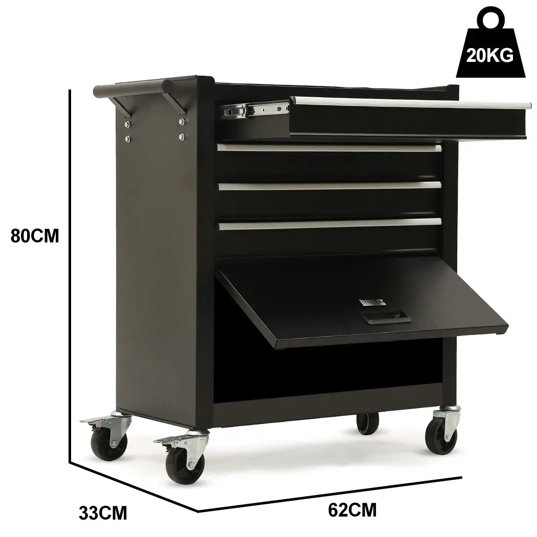 Bullet 4 Drawer Tool Box Cabinet Trolley Storage, with 1-Door Toolbox Garage Organiser Set, Black