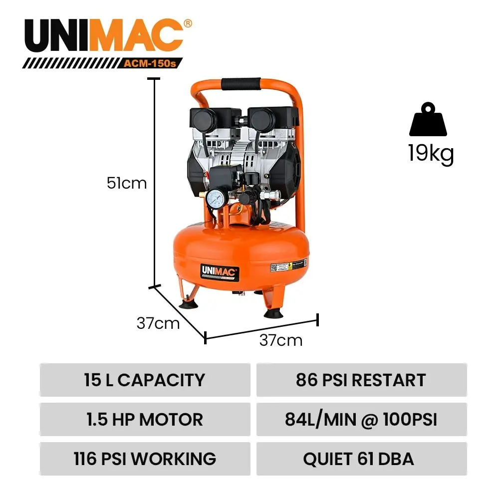 Unimac 15L Pancake Air Compressor, 116PSI Portable Silent Oil-Free Electric, for Airtools Tyre Inflation