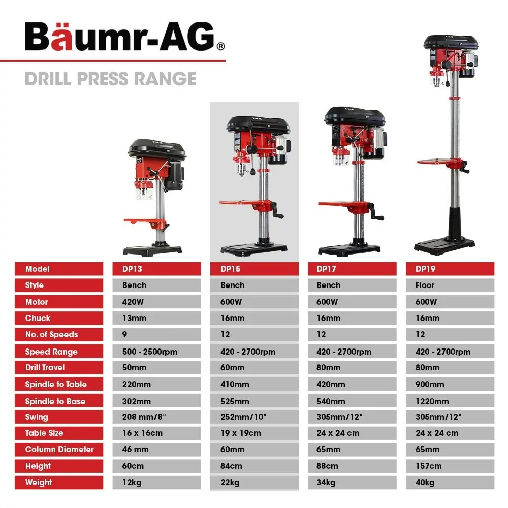 Baumr-AG DP15 600W 10 Inch Pedestal Bench Drill Press, 12 Speeds, 16mm Chuck (DP15 II)