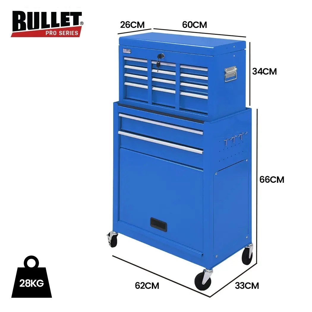 BULLET 8 Drawer Tool Box Cabinet Chest Storage, Toolbox Garage Organiser Set, Blue