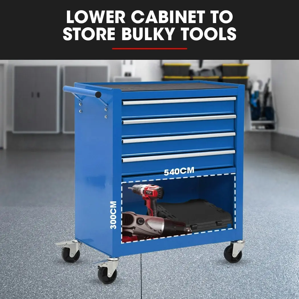 BULLET 4 Drawer Tool Box Cabinet Trolley Storage, with 1-Door Toolbox Garage Organiser Set, Blue