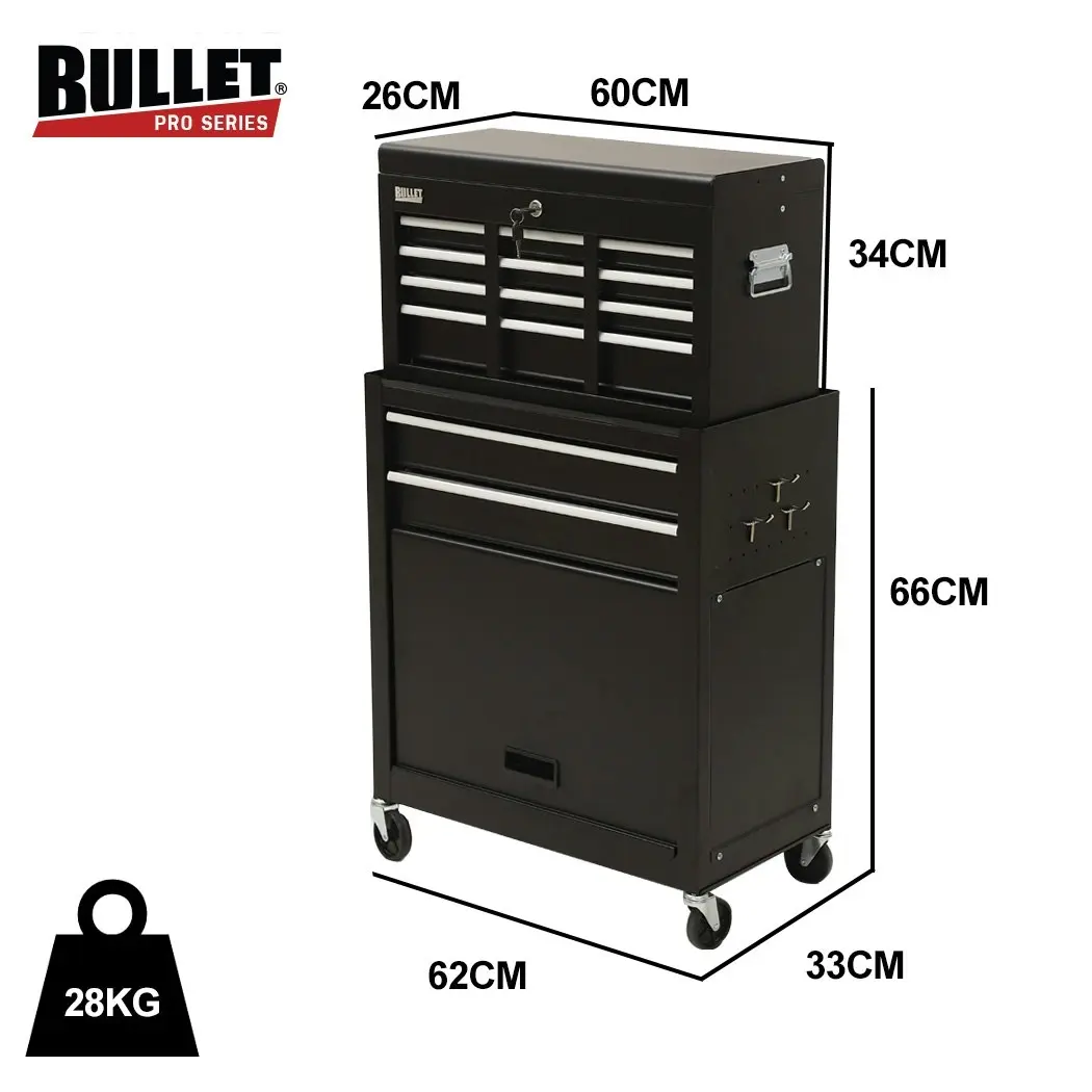 Bullet 8 Drawer Tool Box Cabinet Chest Storage, Toolbox Garage Organiser Set, Black