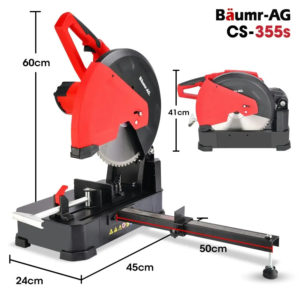 Baumr-AG 2400W 355mm 14 Inch Metal Cut Off Cold Saw, Premium Low Spark Ceramic Alloy Tooth Blade, Measurement Scale, Soft Start, 45 Degree Mitre Chop Cutting