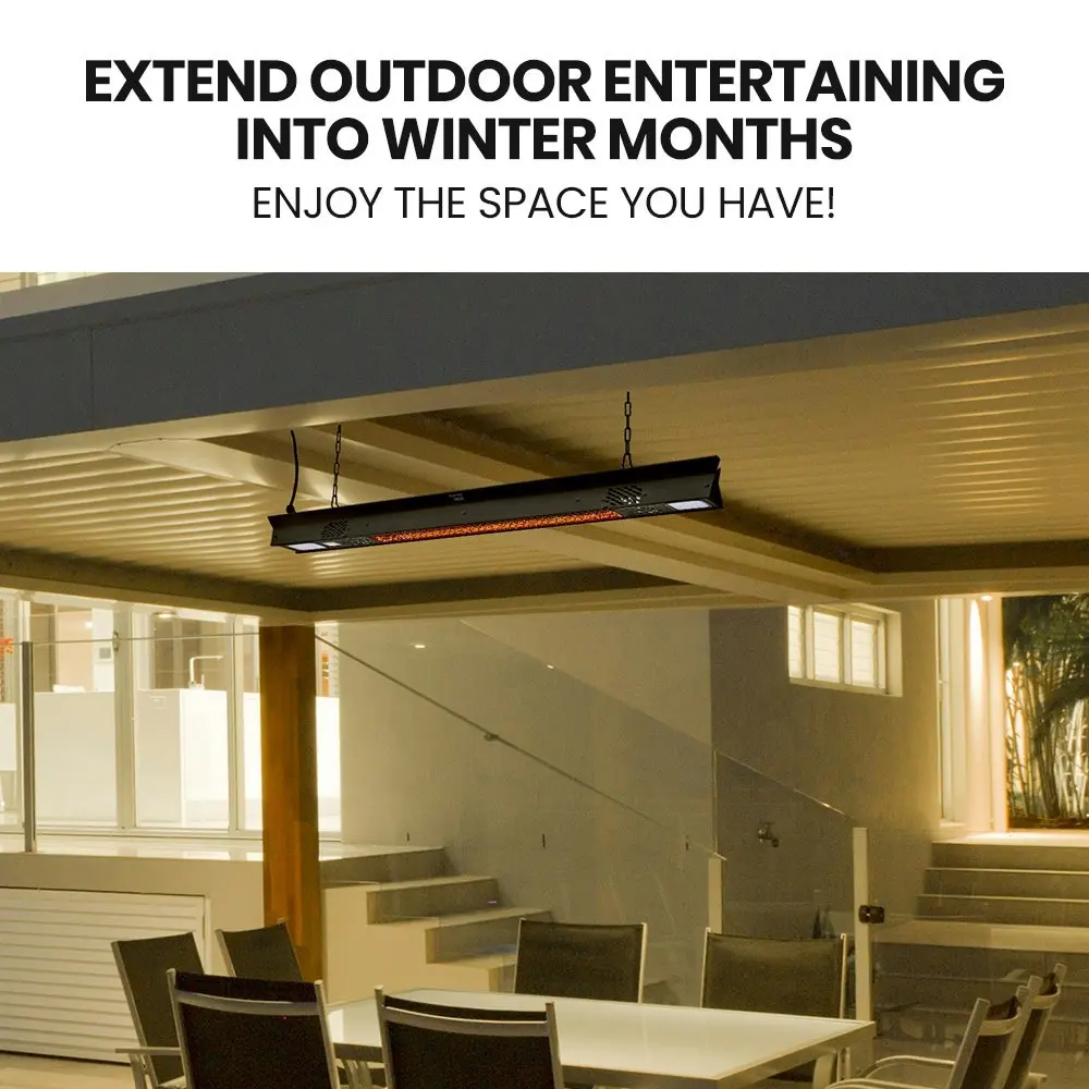 Thermomate 2000W Electric Outdoor Strip Heater, Carbon Fiber Element, Wall Ceiling or Hanging Mount, Remote , LED Screen, 9 Radiant Heat Settings, 24 Hr Timer