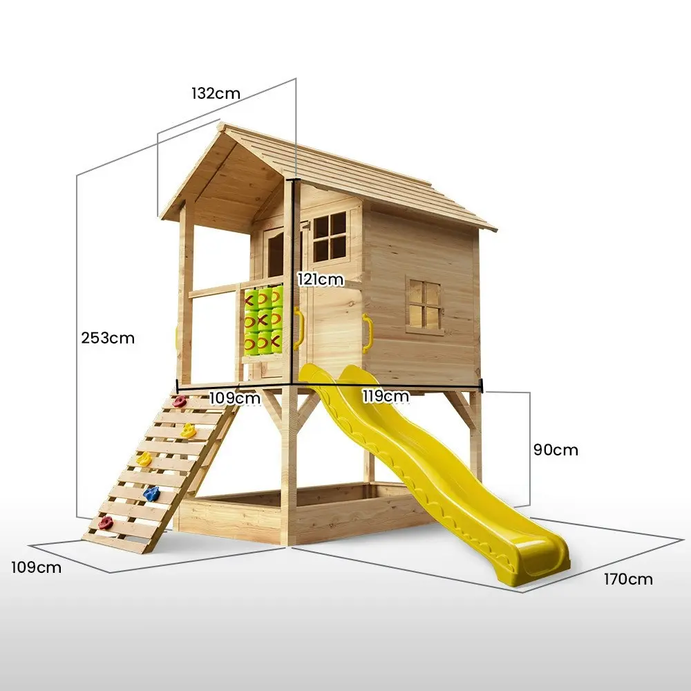 Rovo Kids Wooden Tower Cubby House with Slide, Sandpit, Climbing Wall, Noughts & Crosses, Natural Colour