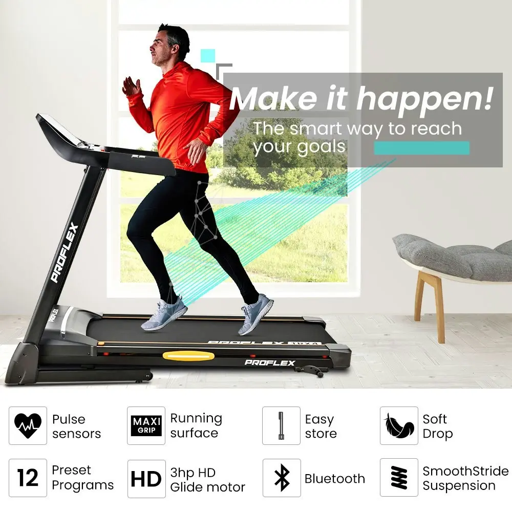 Proflex TRX4 Electric Treadmill, Medium Size, Foldable, Suspension, Bluetooth, USB/MP3, Pulse Sensors, Fitness Tracker