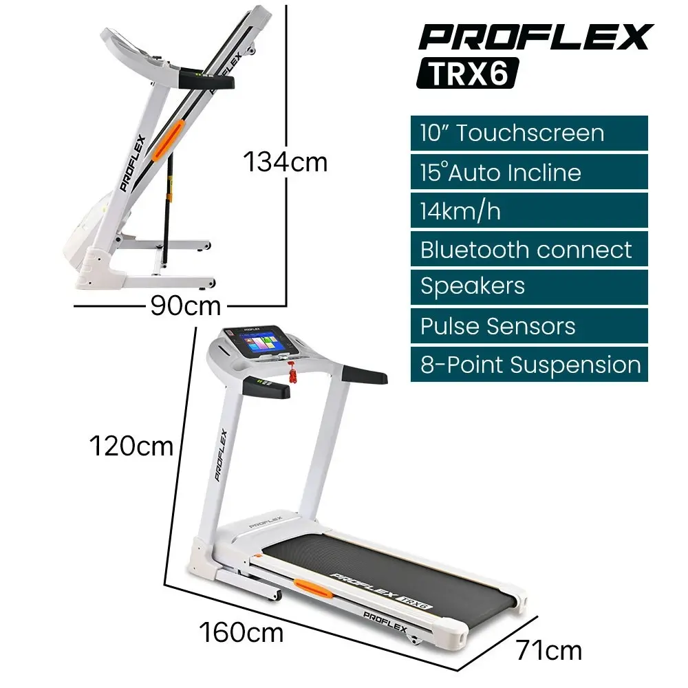 Proflex TRX6 3.5CHP Electric Treadmill, Medium Size, 10-inch Touchscreen display, Foldable, Suspension, Auto Incline, Bluetooth, Pulse Sensors