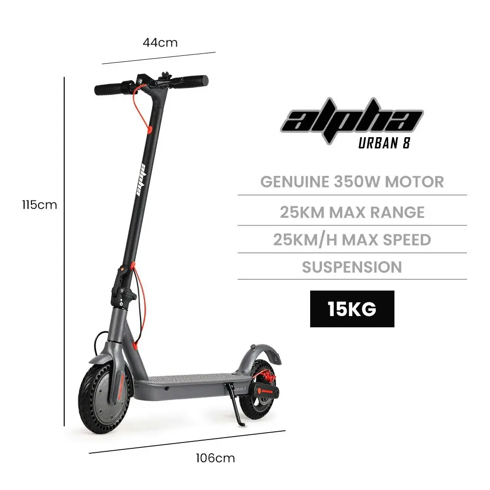 Alpha Urban 8 Electric Scooter, Suspension, 25km Range, 8.5-Inch Wheels, Brushless Motor, Motorised Commuter eScooter for Adults, Grey