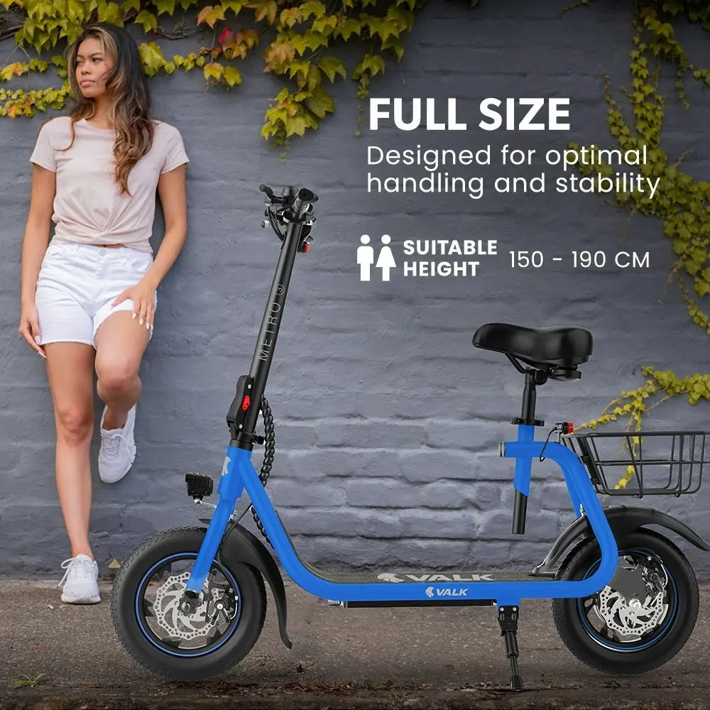 Valk Electric Scooter with Seat, Disc brakes, 12 Inch Tyres, Motorised eScooter for Adults Teens Commuter, Blue