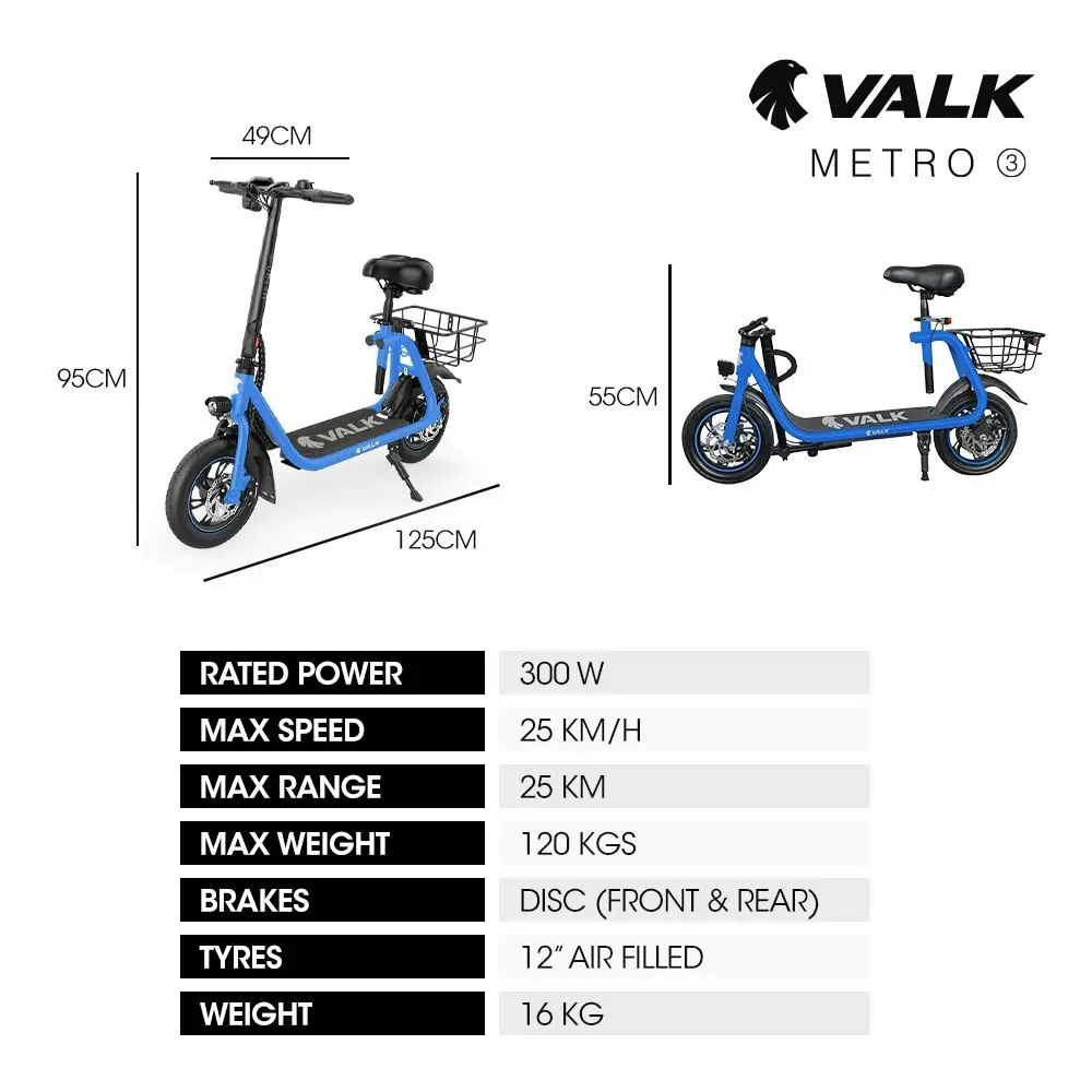 Valk Electric Scooter with Seat, Disc brakes, 12 Inch Tyres, Motorised eScooter for Adults Teens Commuter, Blue