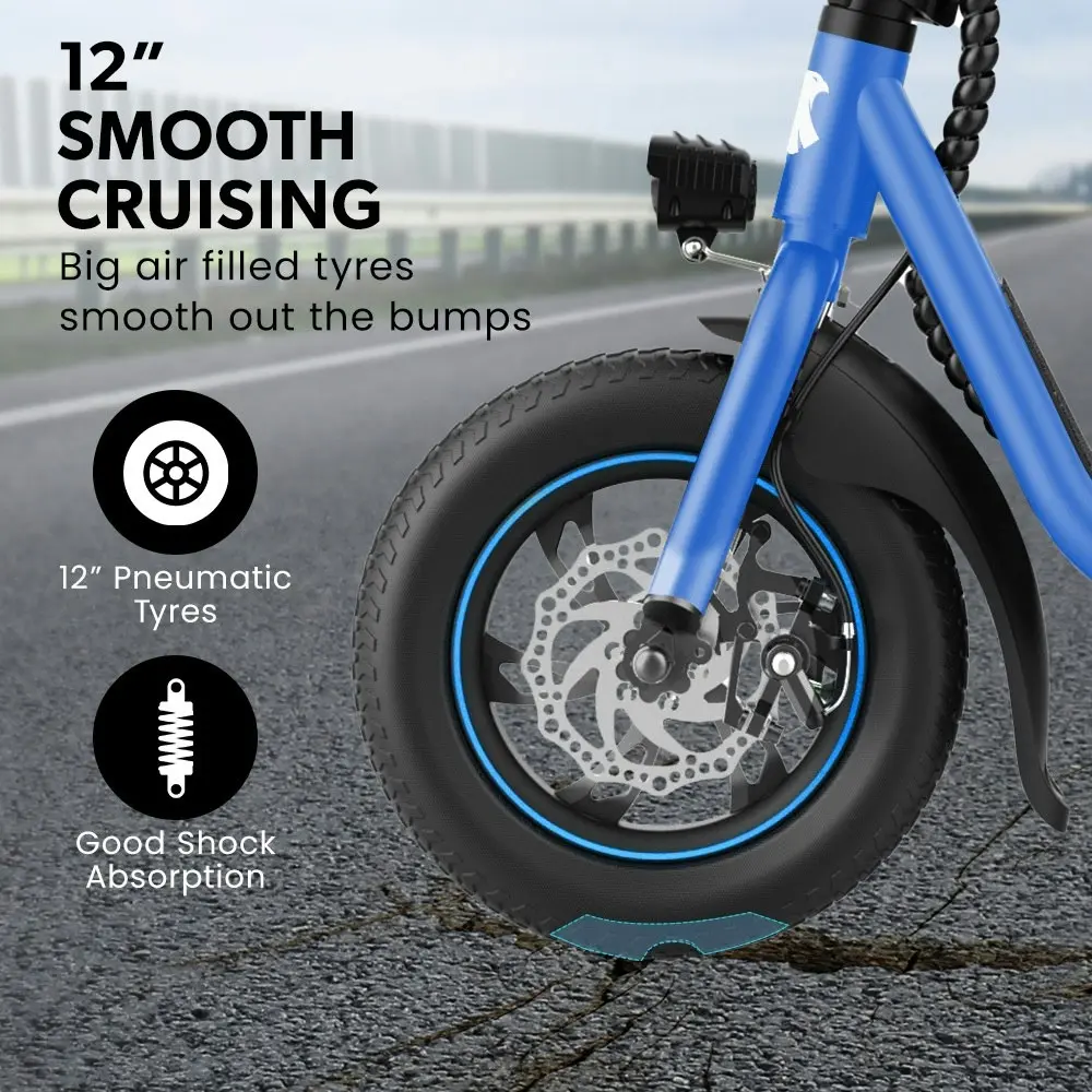 Valk Electric Scooter with Seat, Disc brakes, 12 Inch Tyres, Motorised eScooter for Adults Teens Commuter, Blue