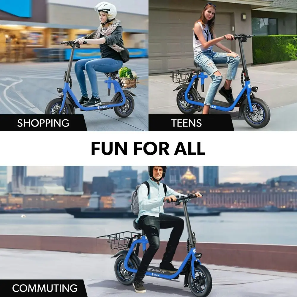 Valk Electric Scooter with Seat, Disc brakes, 12 Inch Tyres, Motorised eScooter for Adults Teens Commuter, Blue