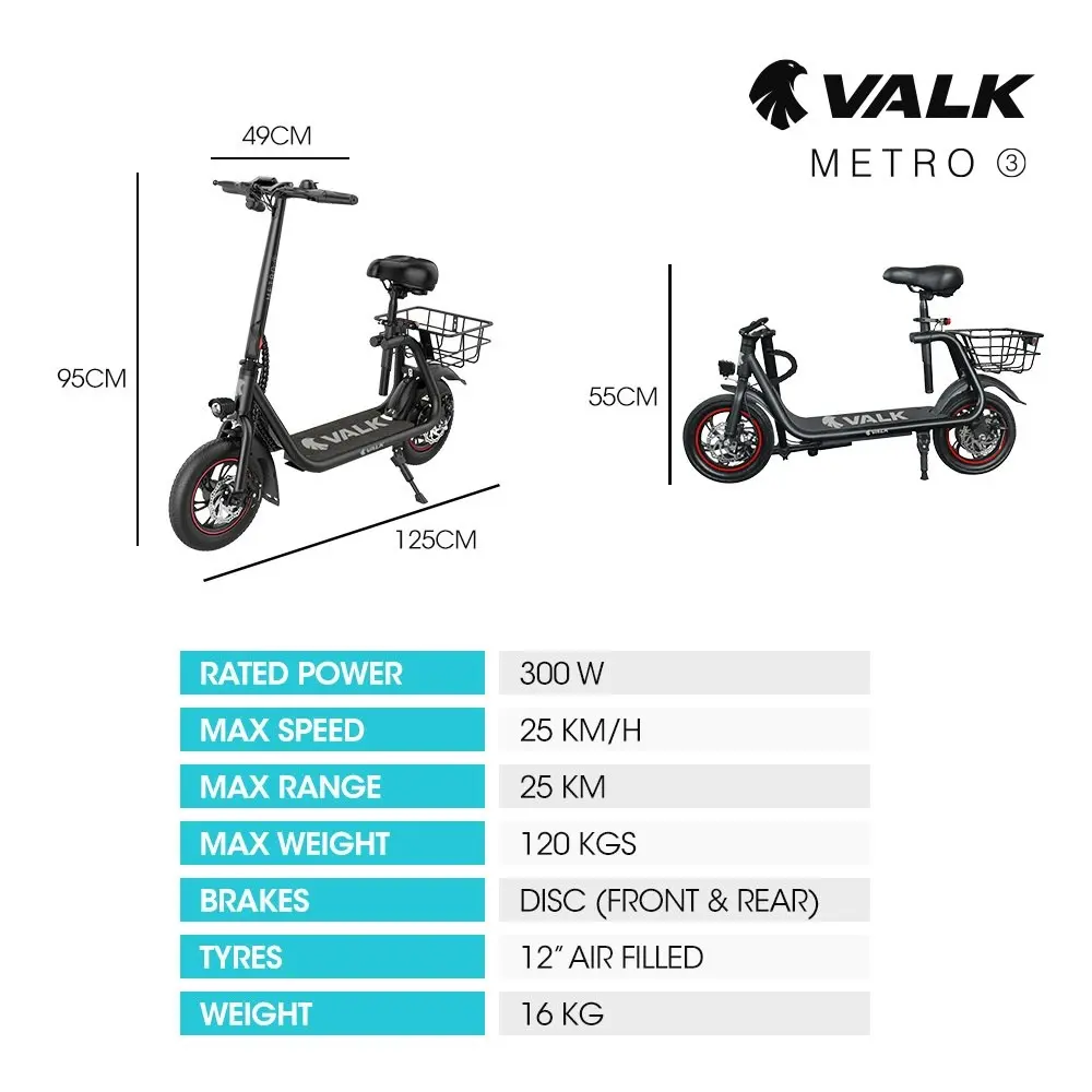 Valk Electric Scooter with Seat, Disc brakes, 12 Inch Tyres, Motorised eScooter for Adults Teens Commuter