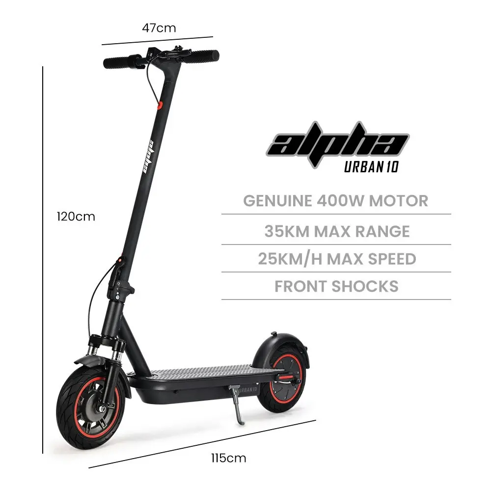 Alpha Urban 10 Electric Scooter, 35km/h, Suspension, 35km Range, 10-Inch Wheels, Brushless Motor, Free APP, Motorised Commuter eScooter for Adults, Black