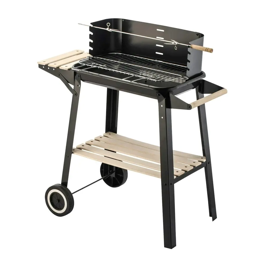 Hacienda 87cm Charcoal Grill BBQ Trolley Stand w/Manual Rotisserie Stick Black