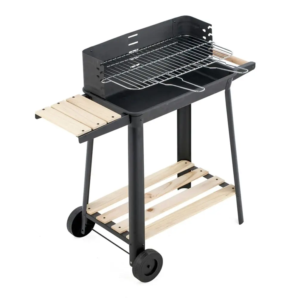 Hacienda 87cm Charcoal Grill BBQ Trolley Stand w/Manual Rotisserie Stick Black