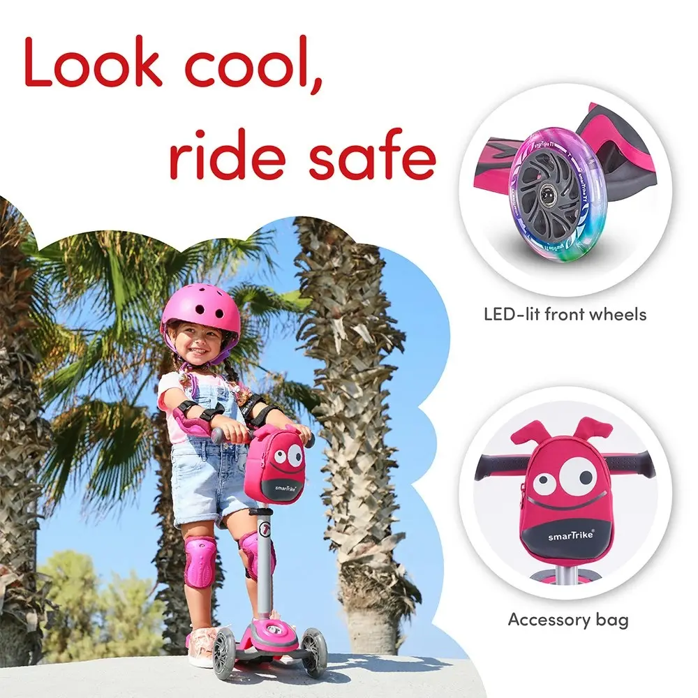 SmarTrike T1 Adjustable 3-n-1 Kids Ride On Light Up 3 Wheel Scooter 15m-5y Pink