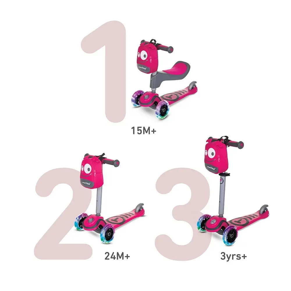 SmarTrike T1 Adjustable 3-n-1 Kids Ride On Light Up 3 Wheel Scooter 15m-5y Pink