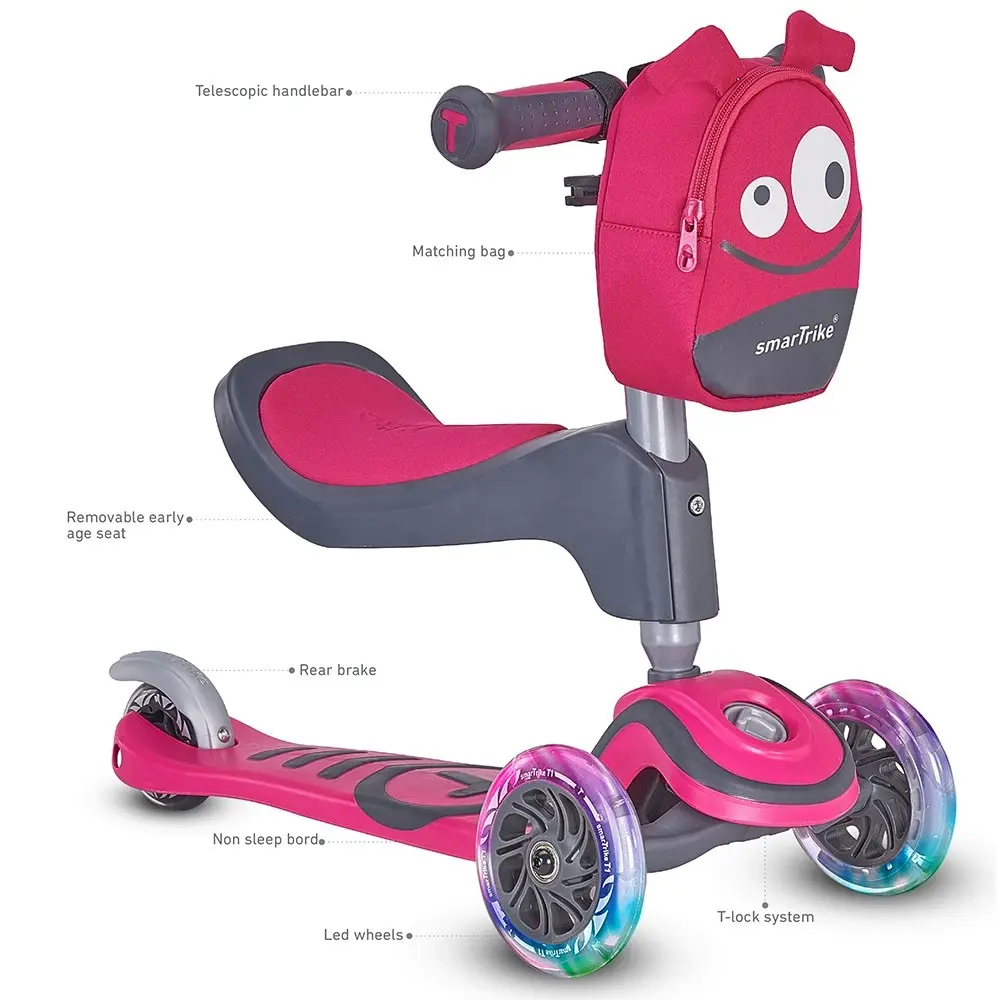 SmarTrike T1 Adjustable 3-n-1 Kids Ride On Light Up 3 Wheel Scooter 15m-5y Pink