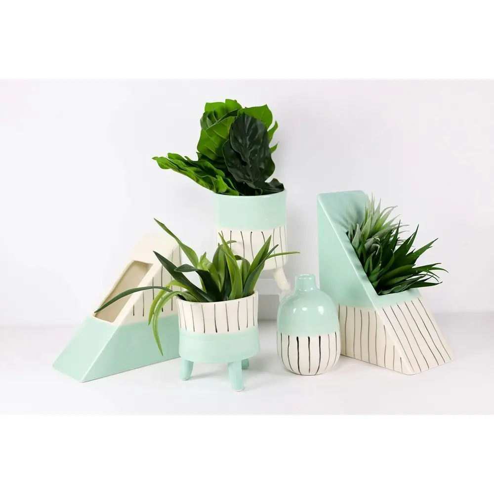 4x Urban Lilah Triangle 20cm Ceramic Planter Flower/Plant Pot Decor Medium Blue