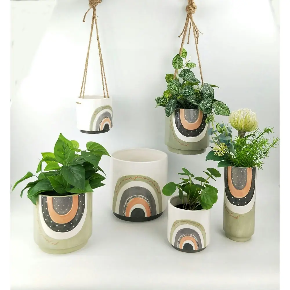 2x Urban Woodstock 17cm Bloom Where You Are Ceramic Planter Pot Med Green/Grey