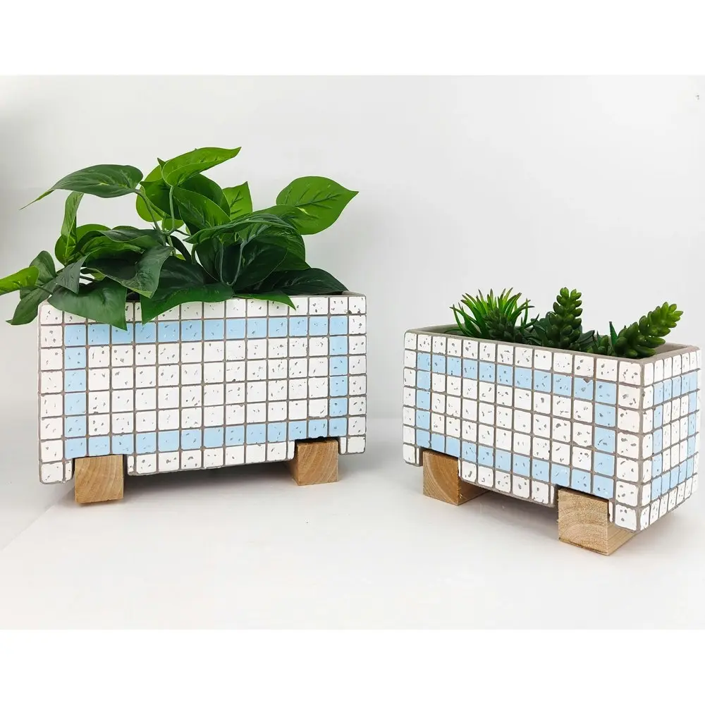 2x Urban Brix Rectangular 26cm Concrete Planter Plant Pot Home Decor White/Blue