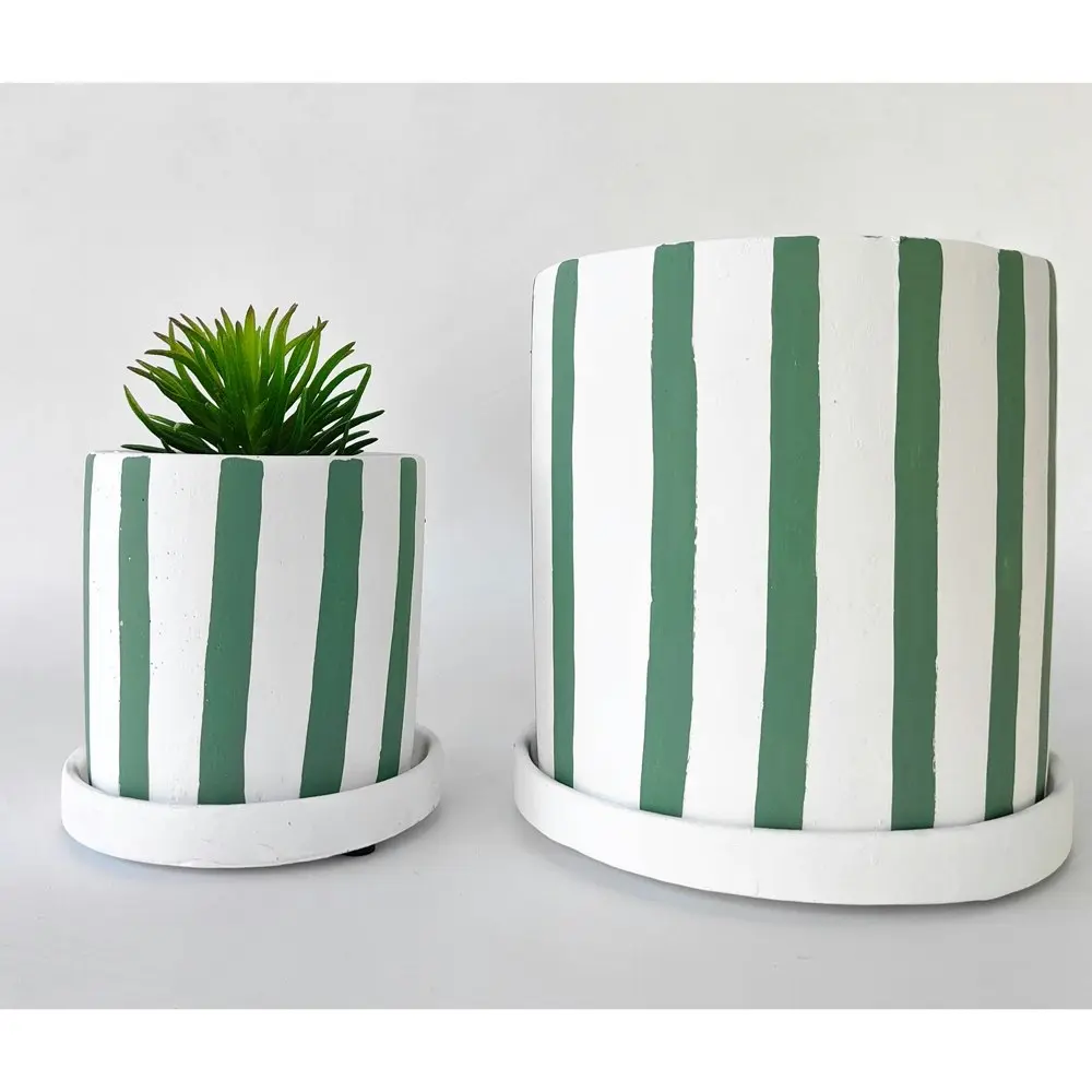 2x Urban Julia Stripe 17cm Concrete Planter w/ Saucer Plant Pot Large Sage/White