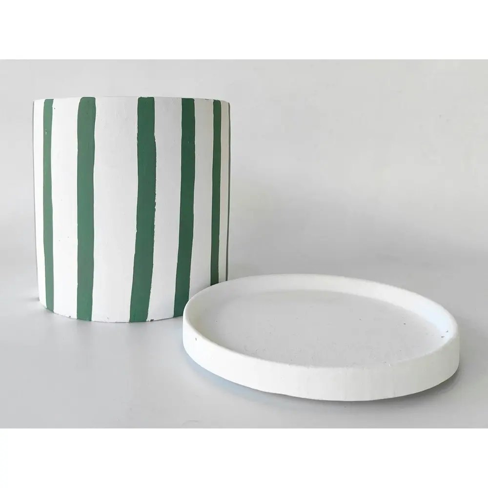 2x Urban Julia Stripe 17cm Concrete Planter w/ Saucer Plant Pot Large Sage/White