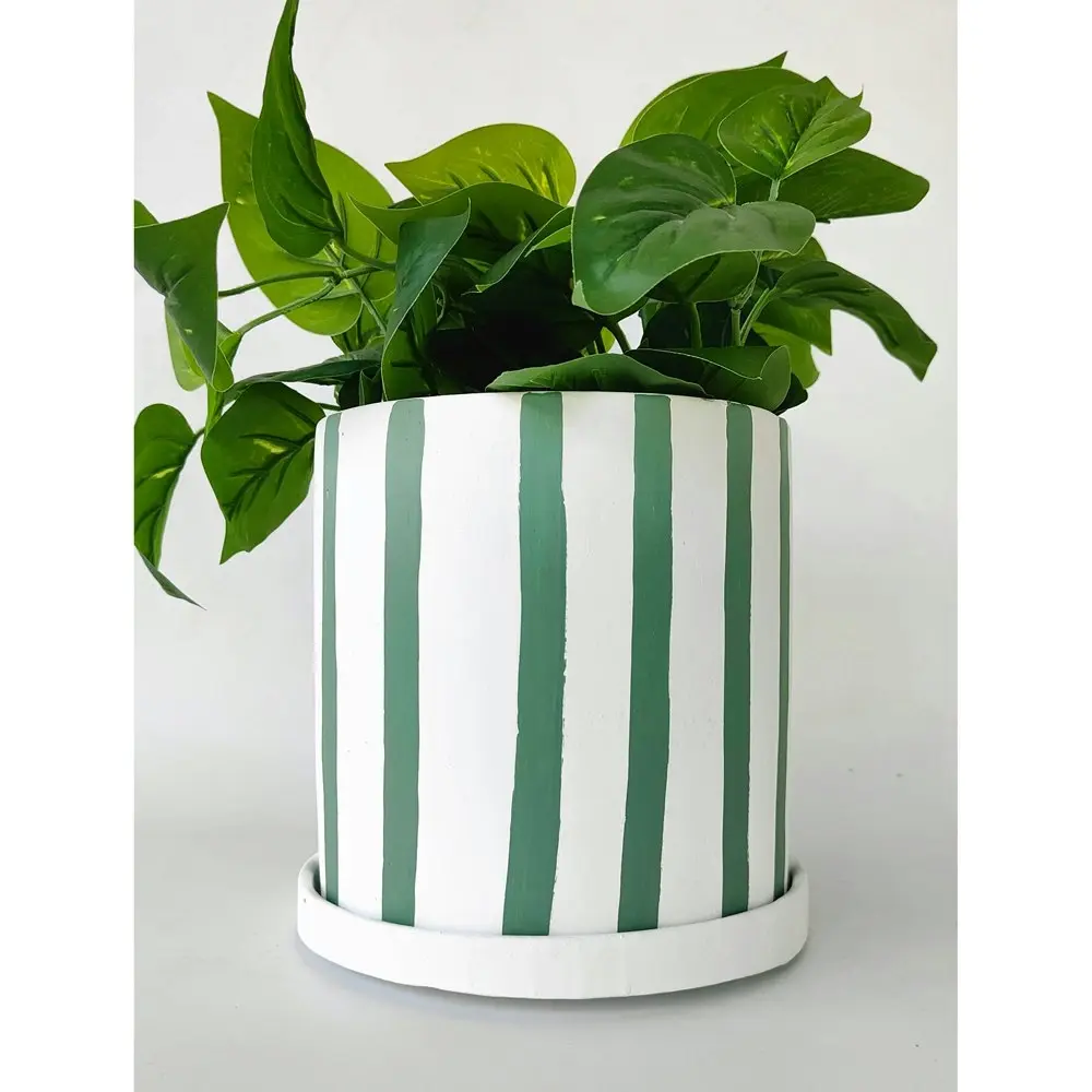 2x Urban Julia Stripe 17cm Concrete Planter w/ Saucer Plant Pot Large Sage/White