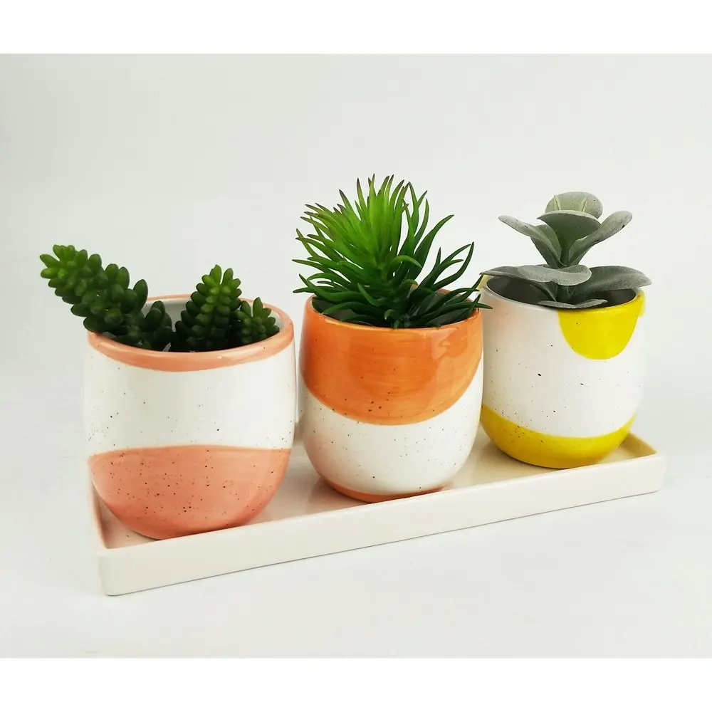 3pc Urban Avery 30cm Ceramic Plant Pot Planter w/ Tray Set Pink/Yellow/Orange