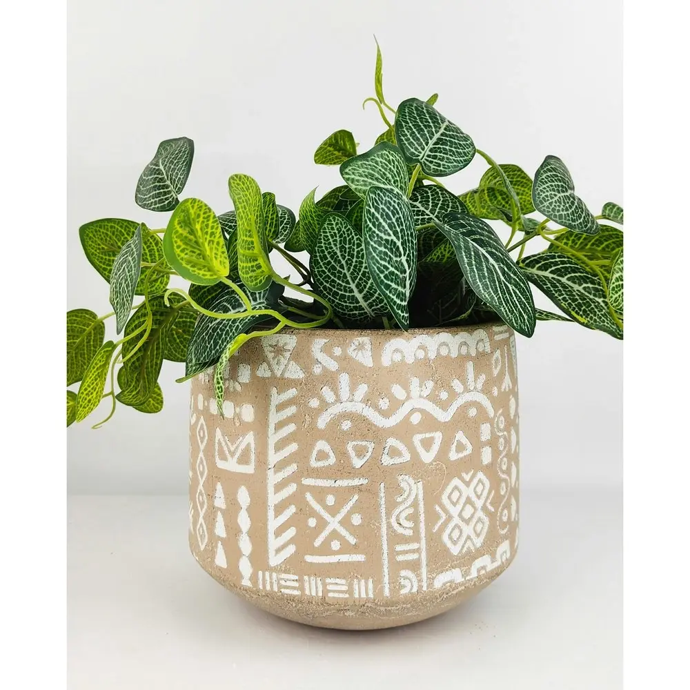 2x Urban Kaleem Tribal 19cm Concrete Planter Flower/Plant Pot Decor Lrg Sand/WHT