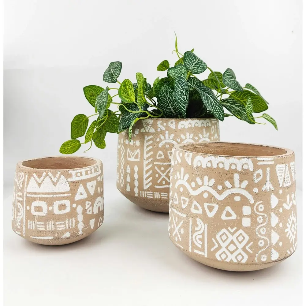 2x Urban Kaleem Tribal 19cm Concrete Planter Flower/Plant Pot Decor Lrg Sand/WHT