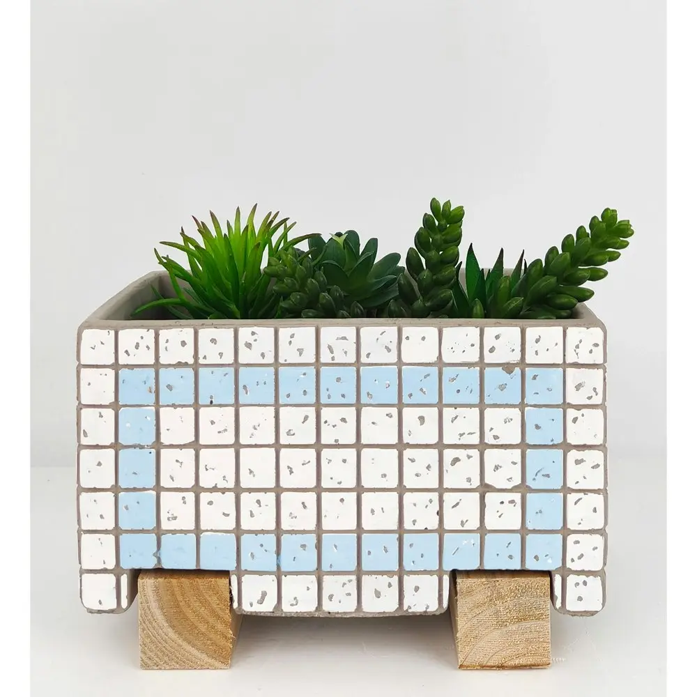 2x Urban Brix Rectangular 21cm Concrete Planter Flower Pot Decor White/Blue