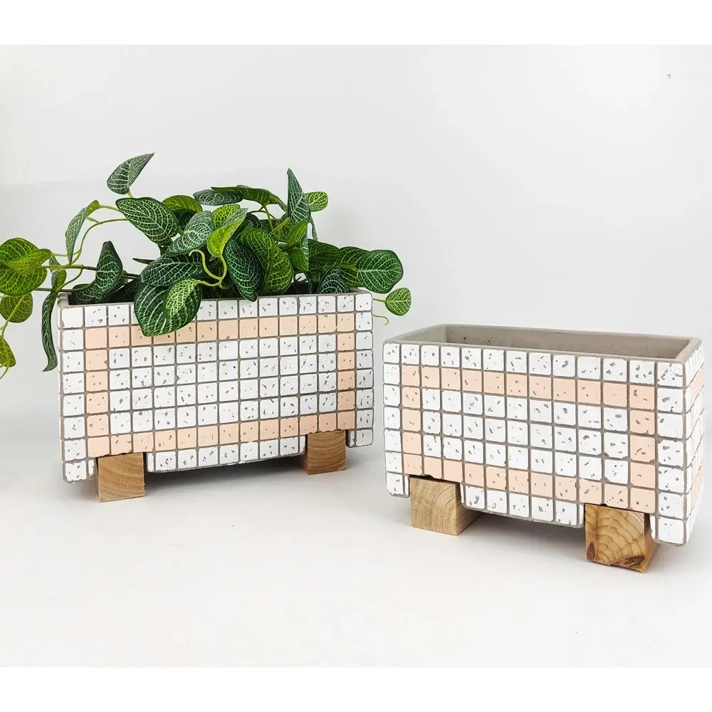 2x Urban Brix Rectangular 21cm Concrete Planter Flower Pot Decor White/Pink