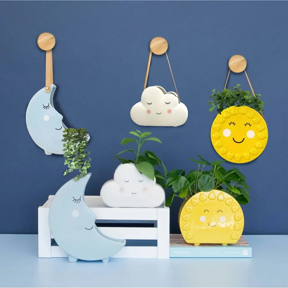 2x Urban Moon 22cm Ceramic Hanging Planter Flower/Plant Pot Home Desk Decor Blue